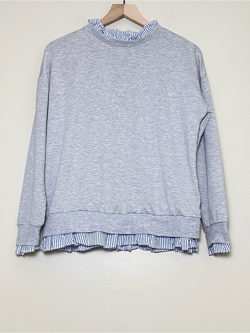Preppy Casual Gray Sweater Faux Layered Blue White Stripe Ruffle Trim Medium
